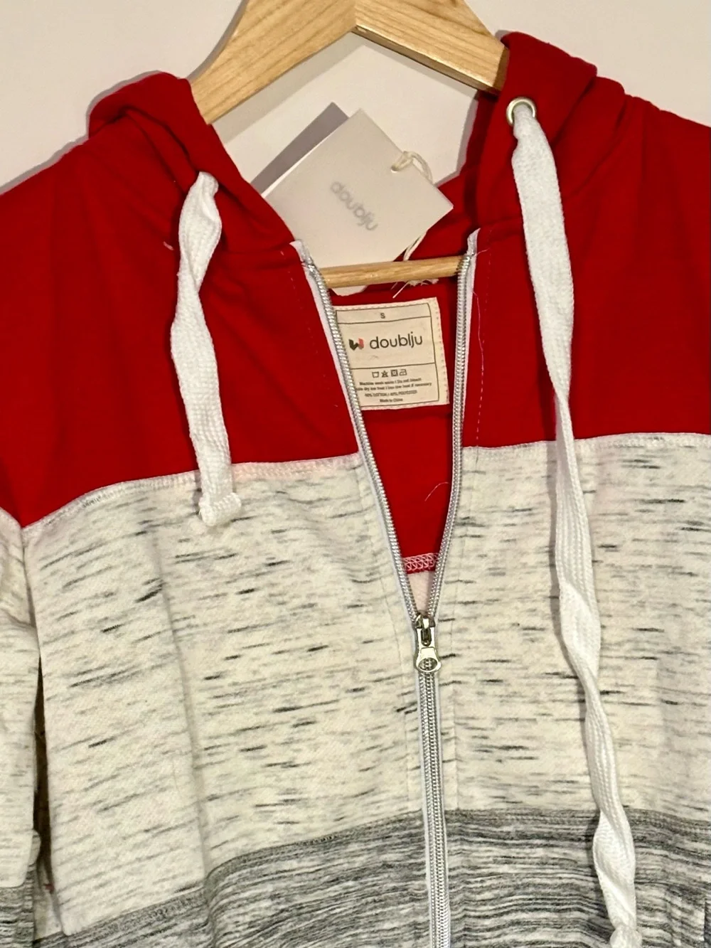 Doublju Colorblock Zip-Up Hoodie Sweater - Red, White & Gray